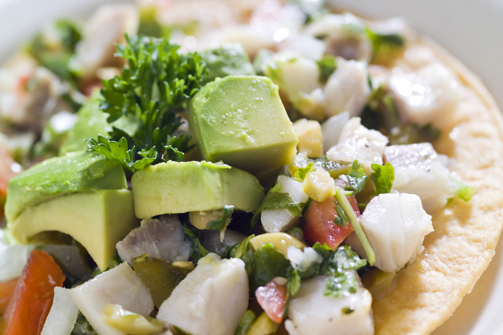 Scallop Ceviche Tostada with Tomato and Avocado Salsa